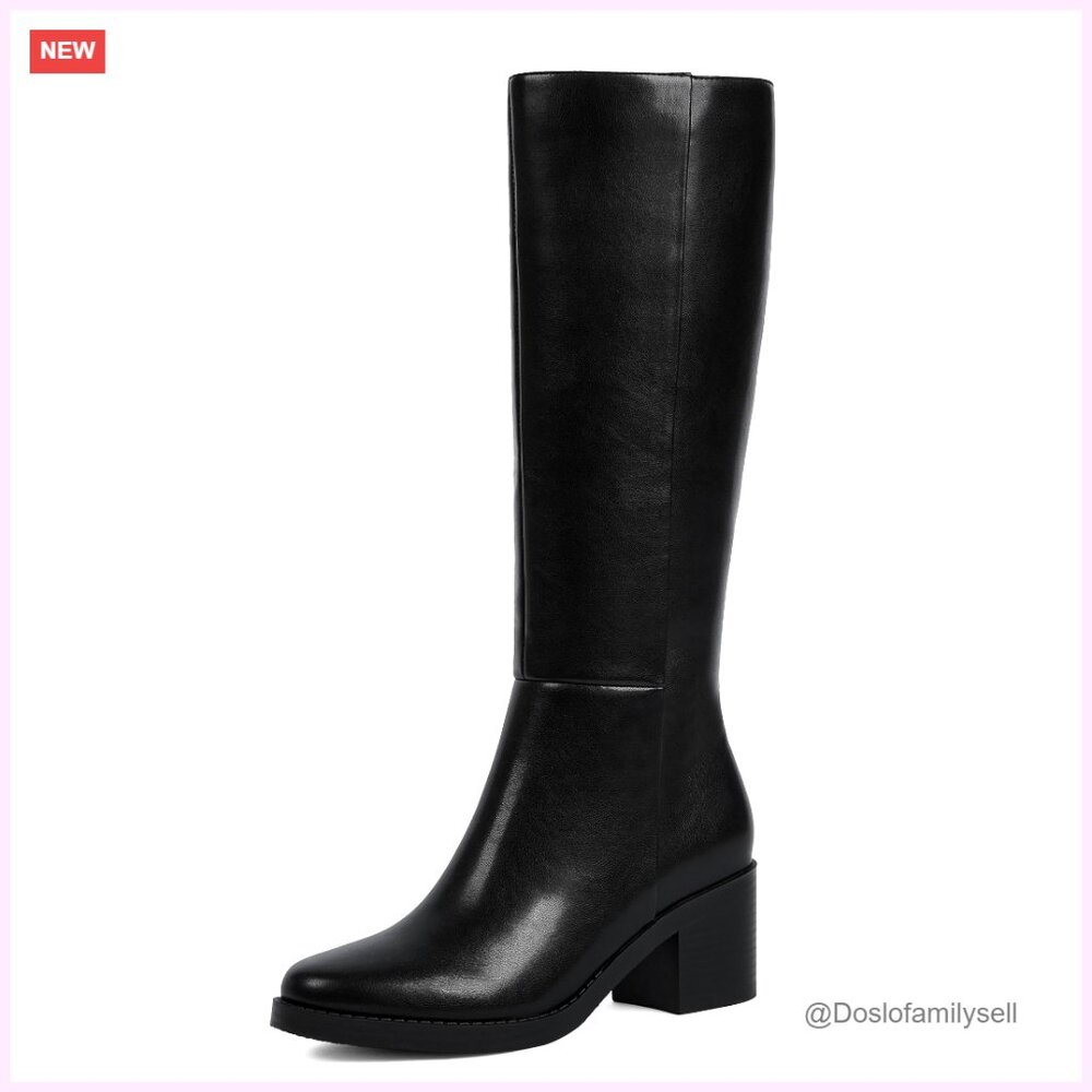 Knee High Boots With Chunky 2.56 Inch Heel Round Toe Side Zipper Fall Winter